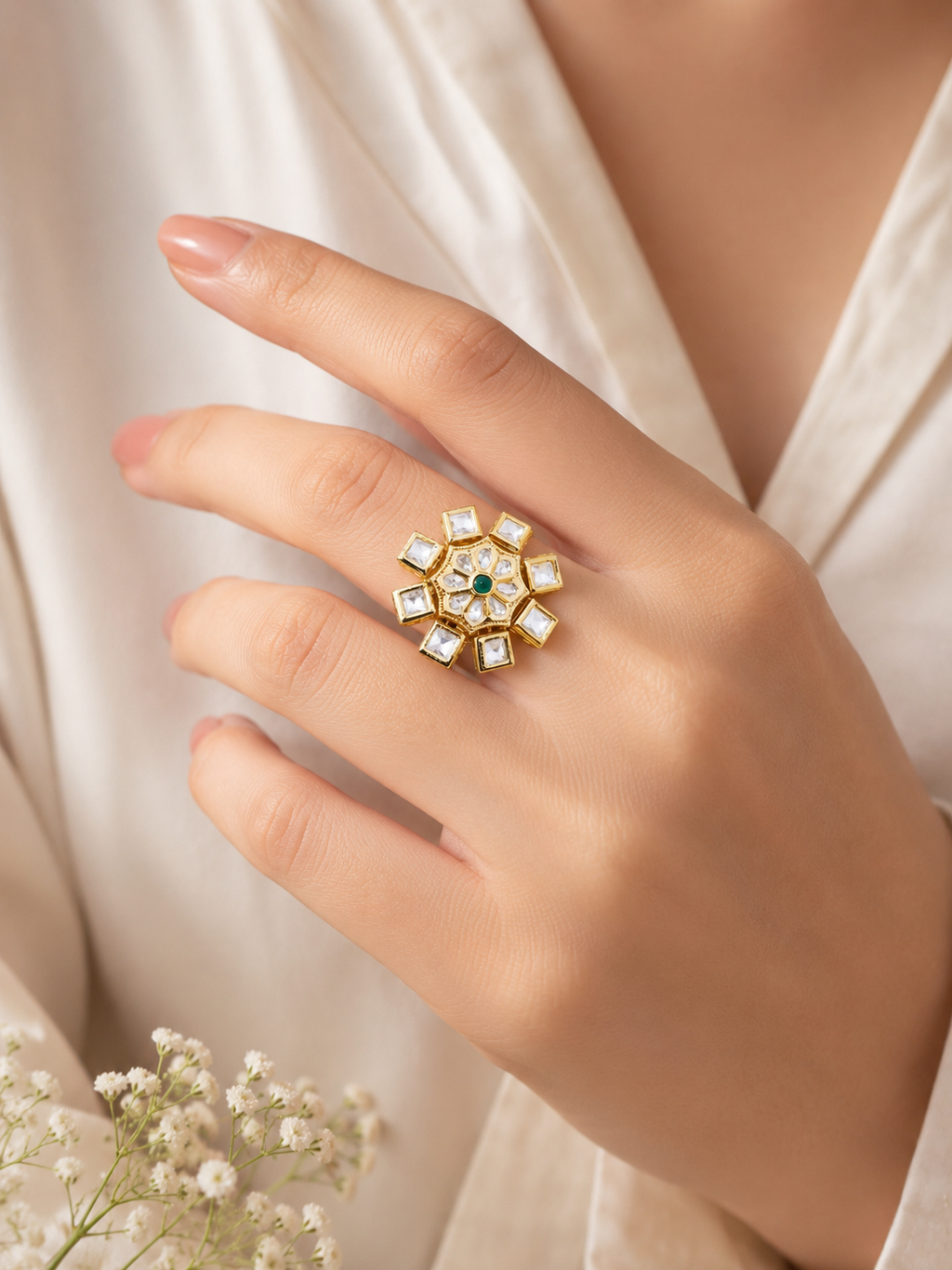 Floral Design Kundan Gold Plated Adjustable Ring