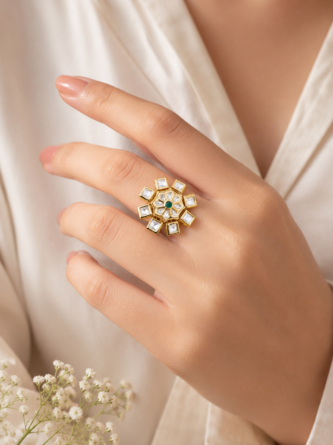 Floral Design Kundan Gold Plated Adjustable Ring