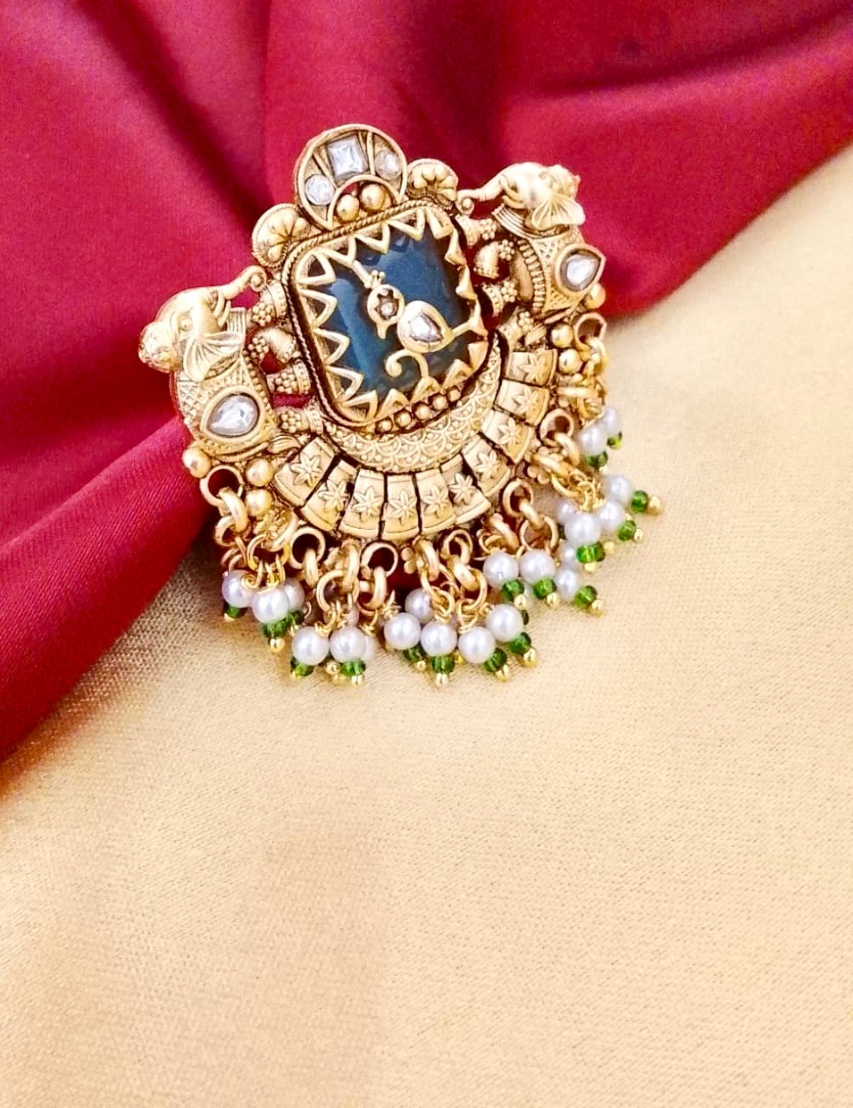 Antique gold-plated Rajwadi peacock narrative cocktail ring