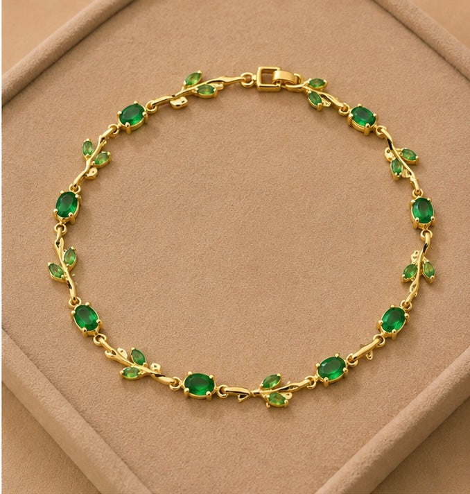 Emerald green crystal vine and leaf gold-toned Tulip bracelet
