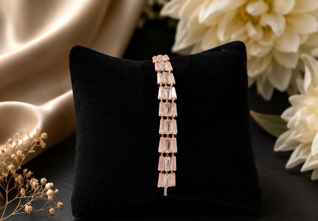 Elegant gold-plated pink baguette crystal drawstring bracelet