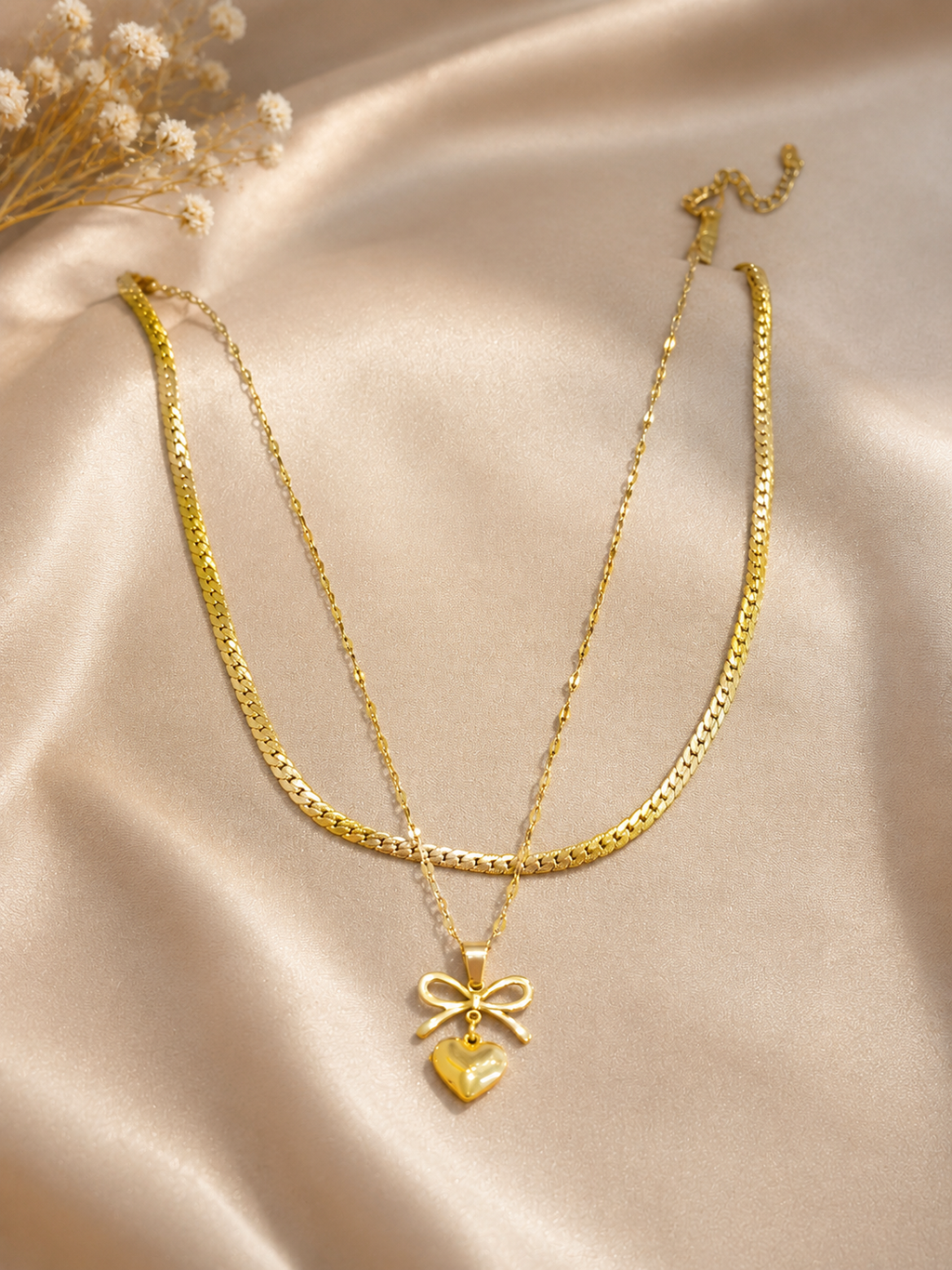 Coquette Layered Snake Chain & Bow Heart Pendant Necklace
