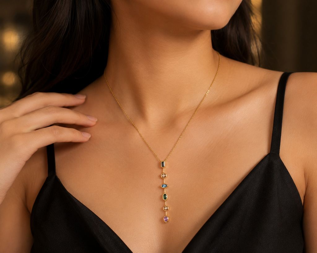 Multicolor Spectrum Geometric Y-Drop Lariat Necklace