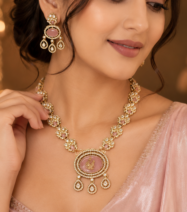 Antique gold-plated Kundan and pastel pink stone necklace set
