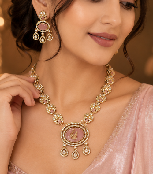 Antique gold-plated Kundan and pastel pink stone necklace set