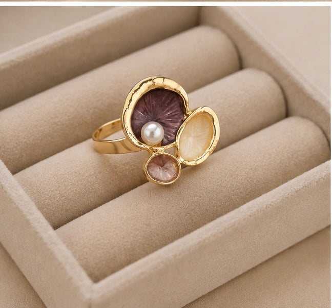 French-vintage style gold enamel lotus pod and pearl cocktail ring