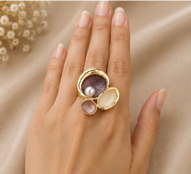 French-vintage style gold enamel lotus pod and pearl cocktail ring