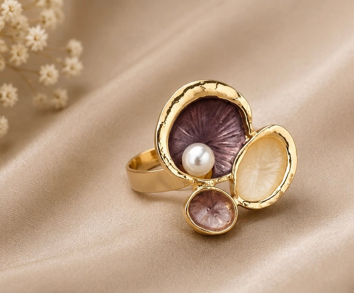 French-vintage style gold enamel lotus pod and pearl cocktail ring