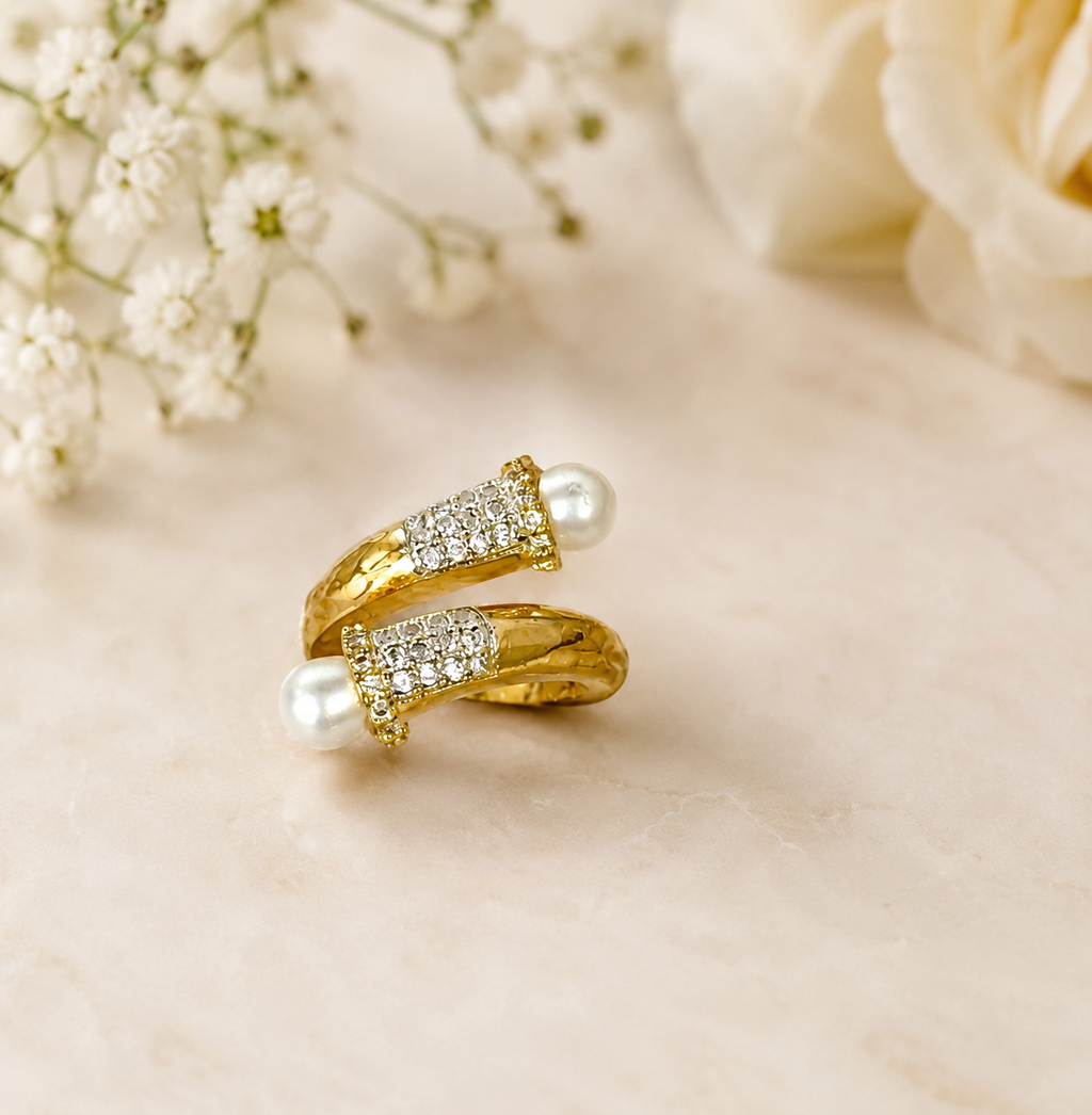 Crystal pave dual-pearl wrap ring