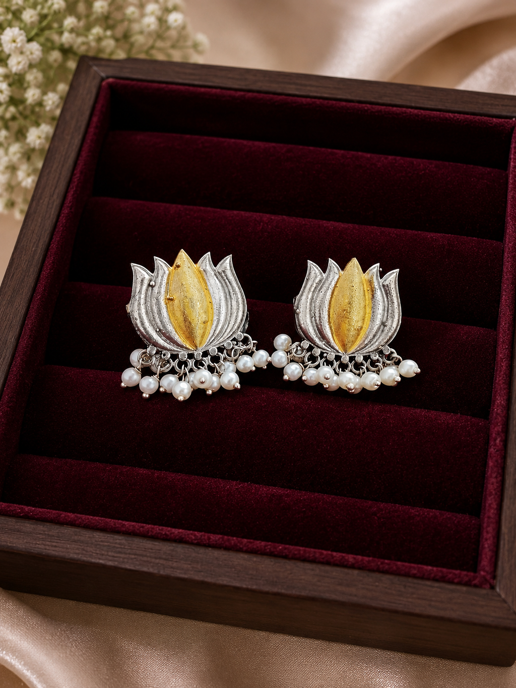 Dual-Tone Silver and Gold Lotus oxidised Stud Earring