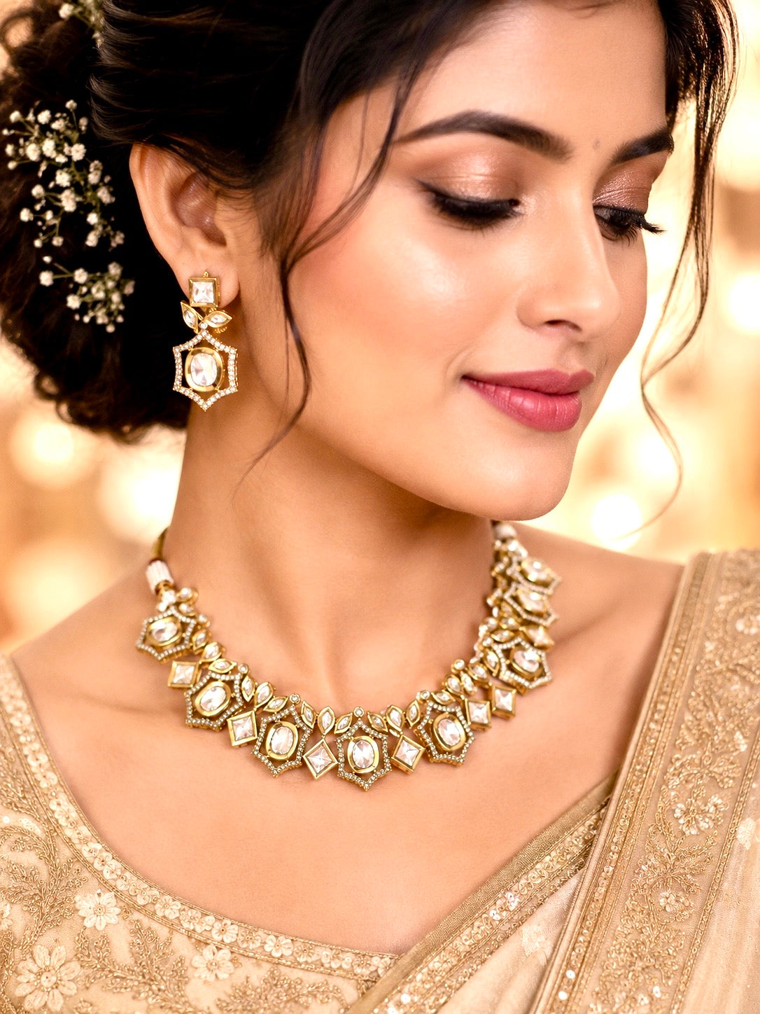 Gold-plated geometric Kundan choke necklace set