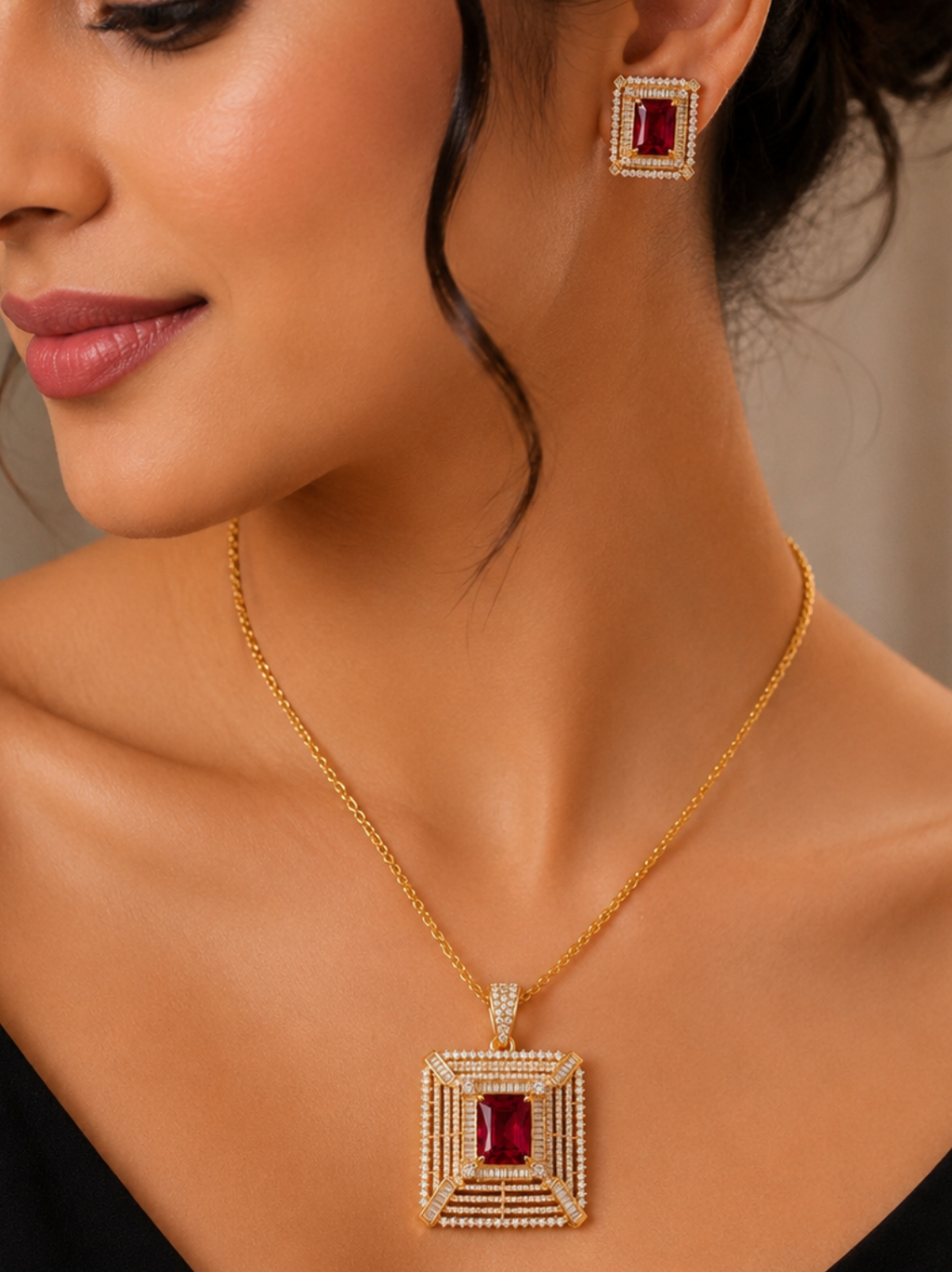 Gold-Plated Ruby Red and American Diamond Pendant Set