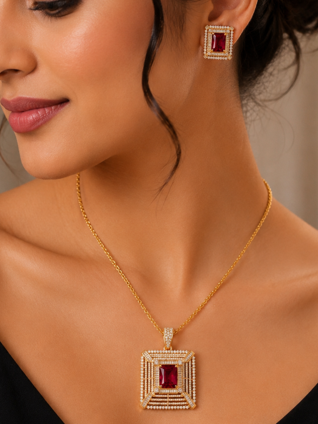 Gold-Plated Ruby Red and American Diamond Pendant Set