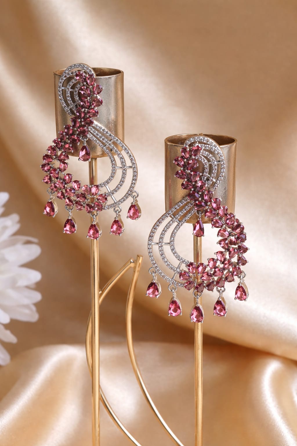 Elegant Chandelier Earrings with Crimson Gemstones