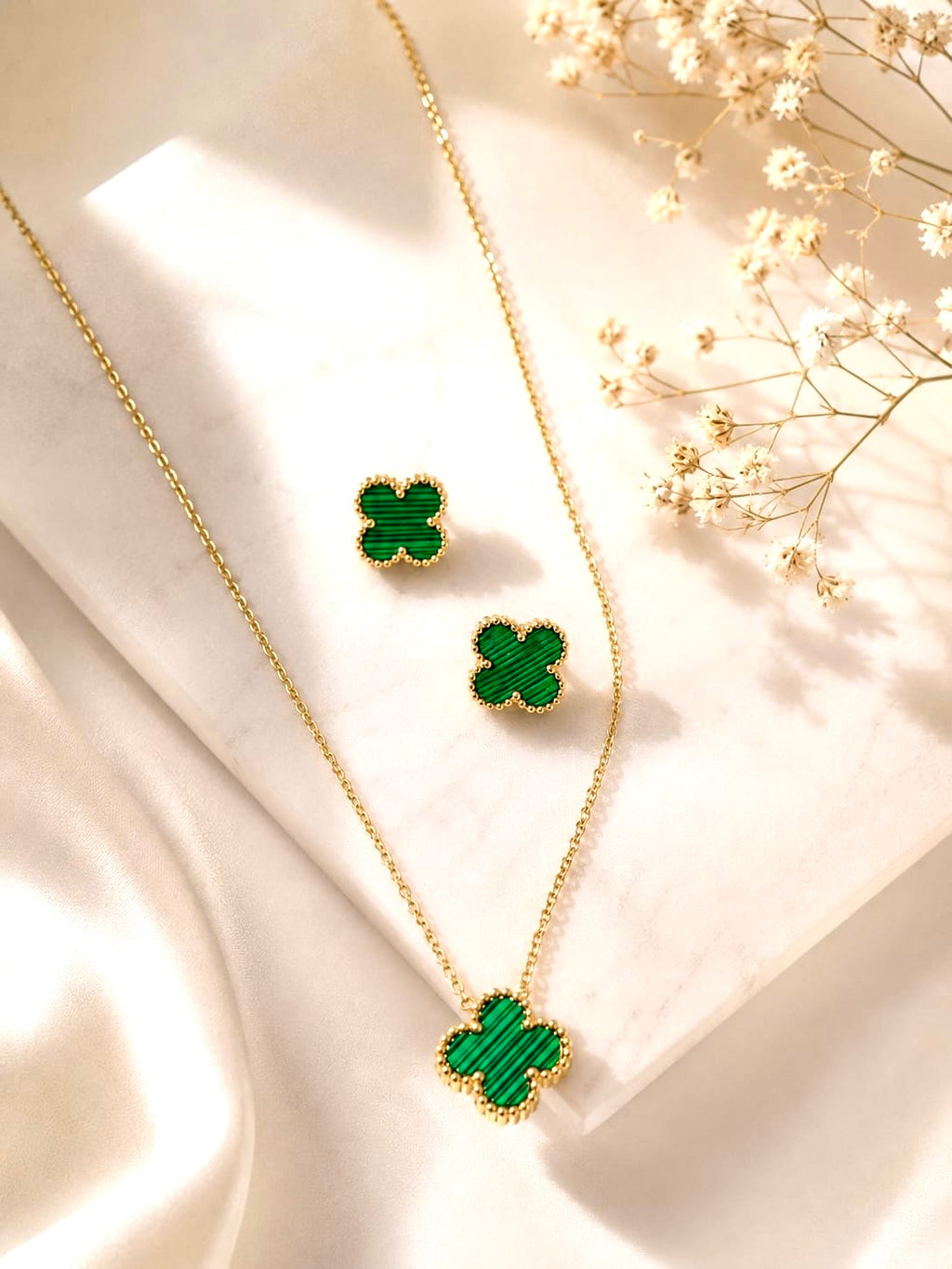 Dainty Emerald Green Clover Pendant and Stud Set
