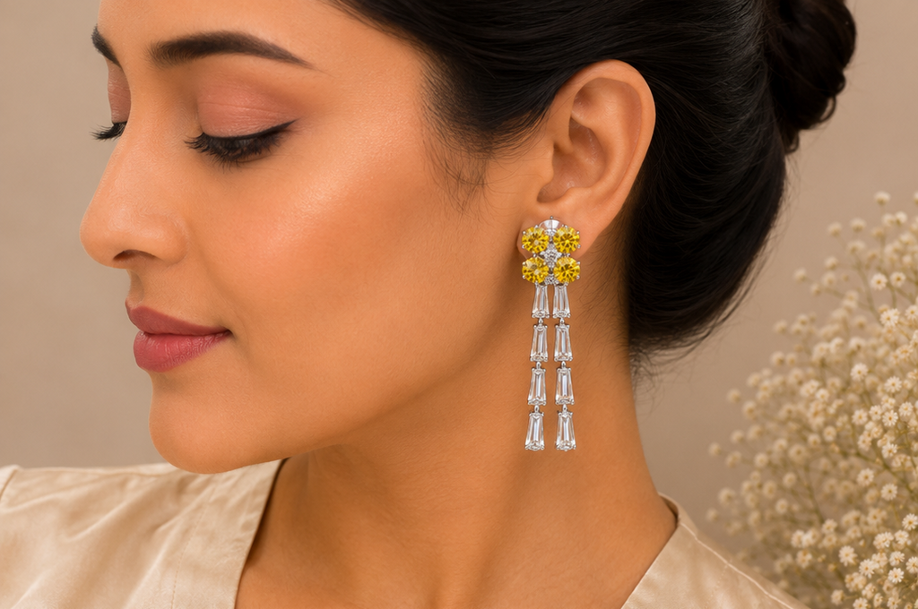 Yellow crystal floral tassel earrings