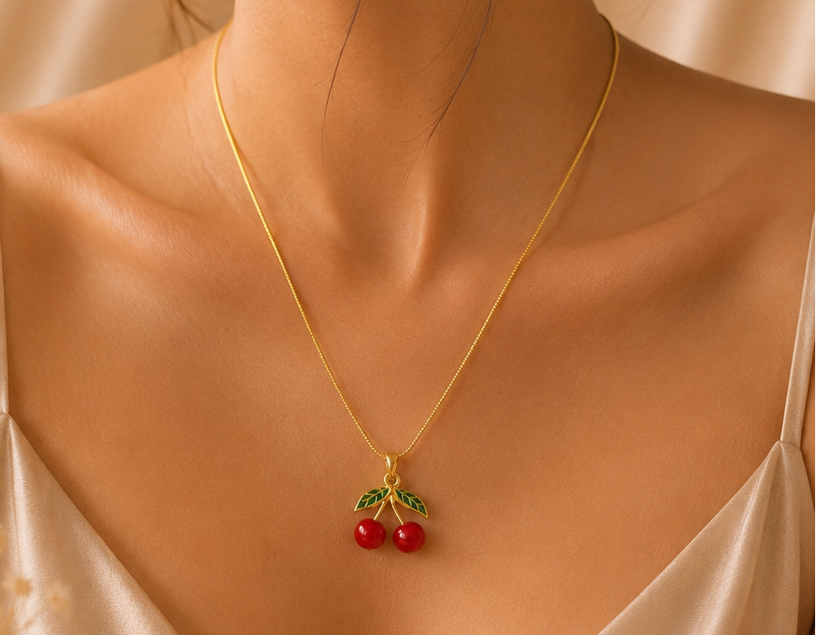 Dainty Enameled Cherry Pendant Necklace