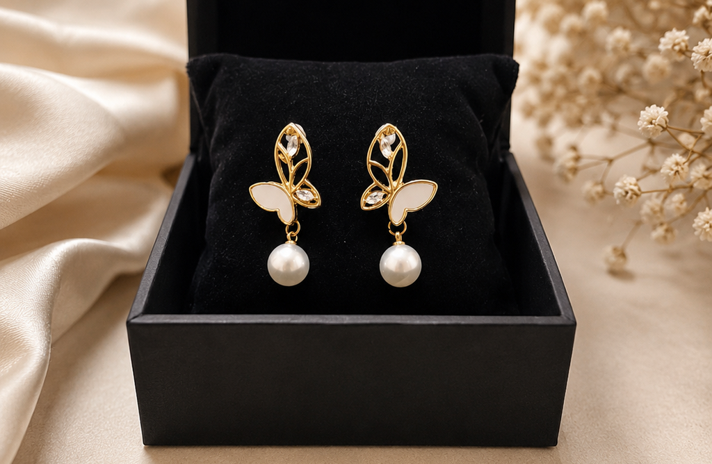 Butterfly enamel and pearl drop earrings