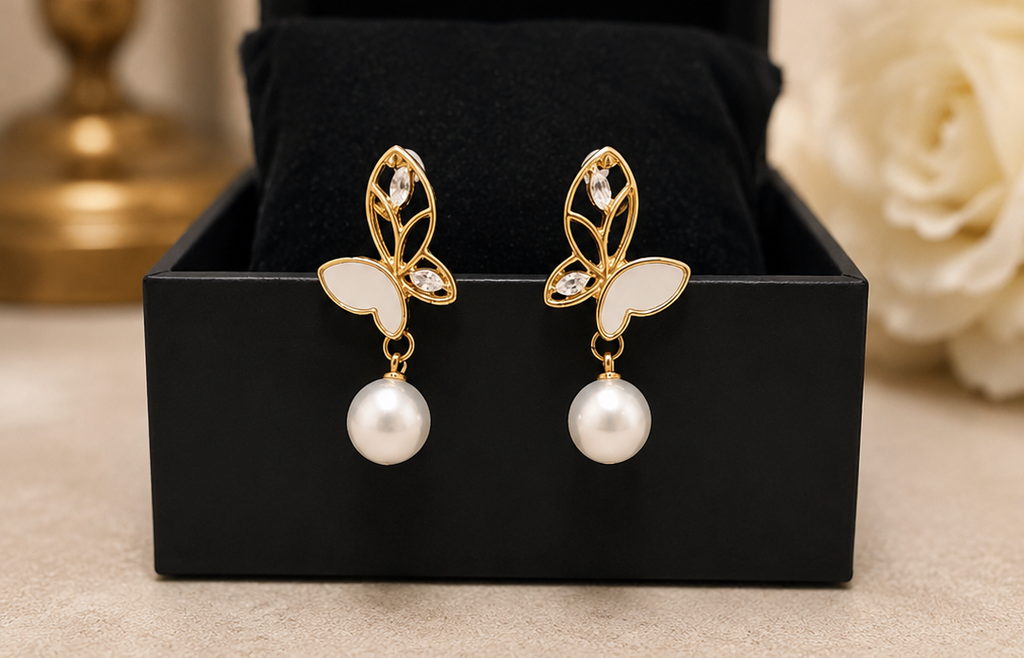 Butterfly enamel and pearl drop earrings