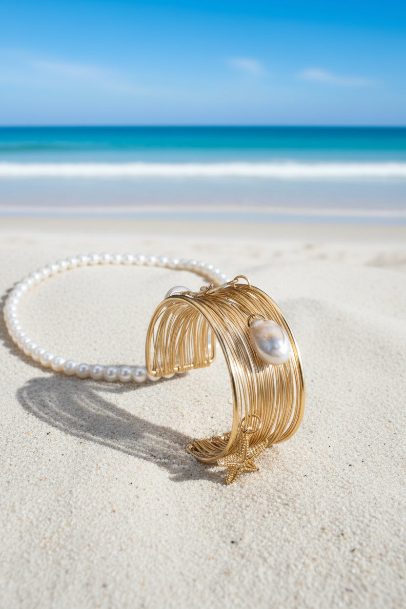 Multi Wired Shell And Starfish Charm Cuff Bracelet
