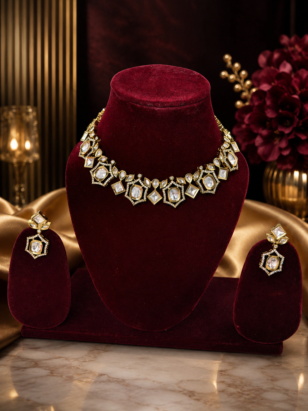 Gold-plated geometric Kundan choke necklace set