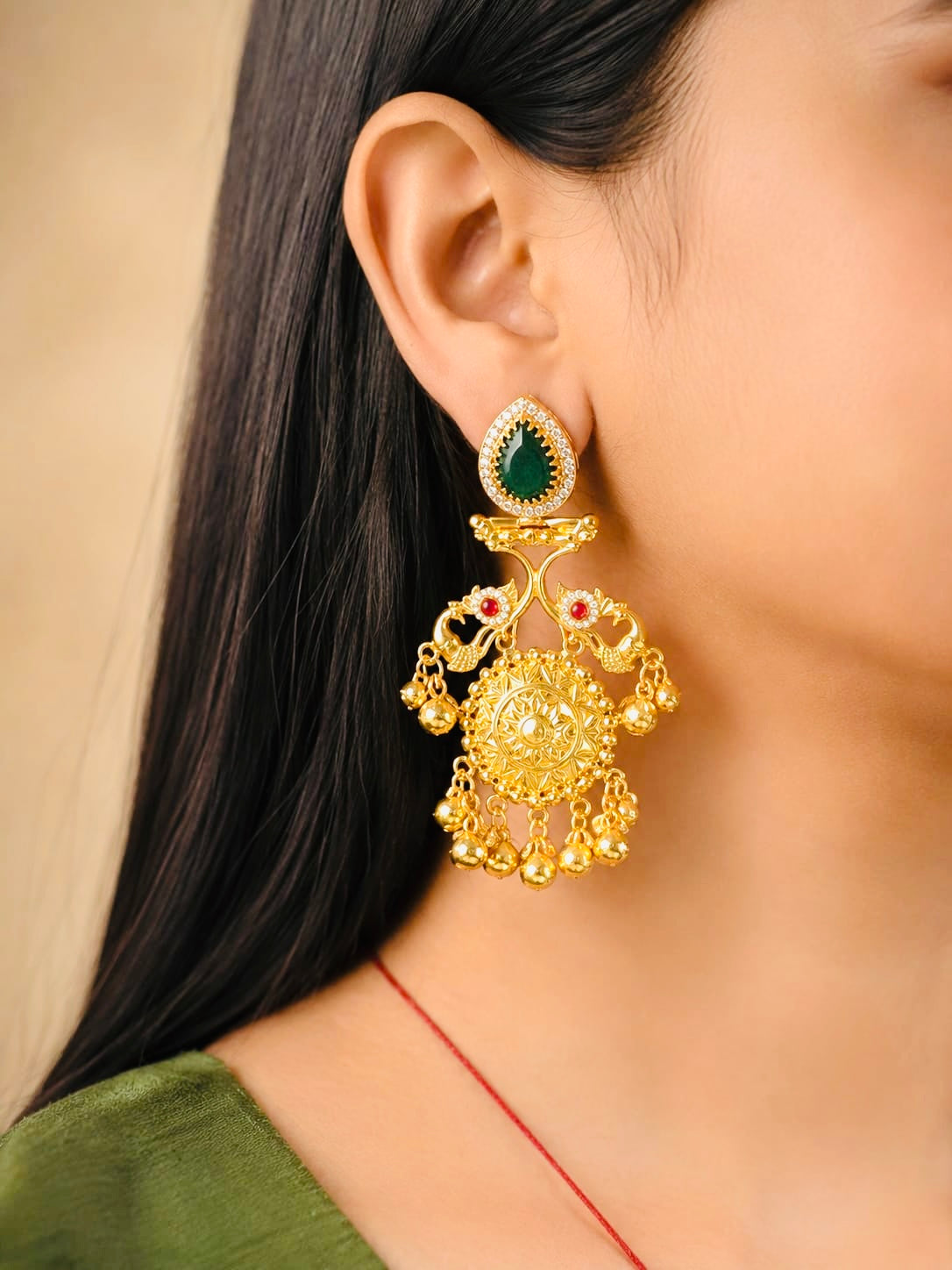 Antique Gold-Plated Peacock Jhumka Earrings
