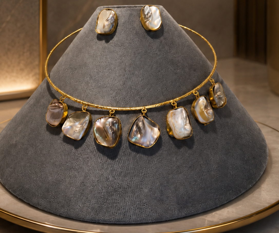 Artisanal Mother-of-Pearl Gold-Plated Hansli Choker & Earring Set