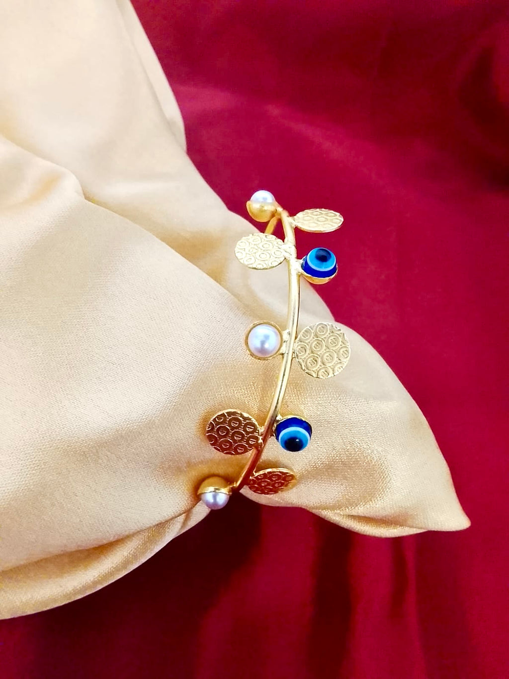 Gold-Plated Evil Eye and Pearl Charm Adjustable Cuff Bracelet