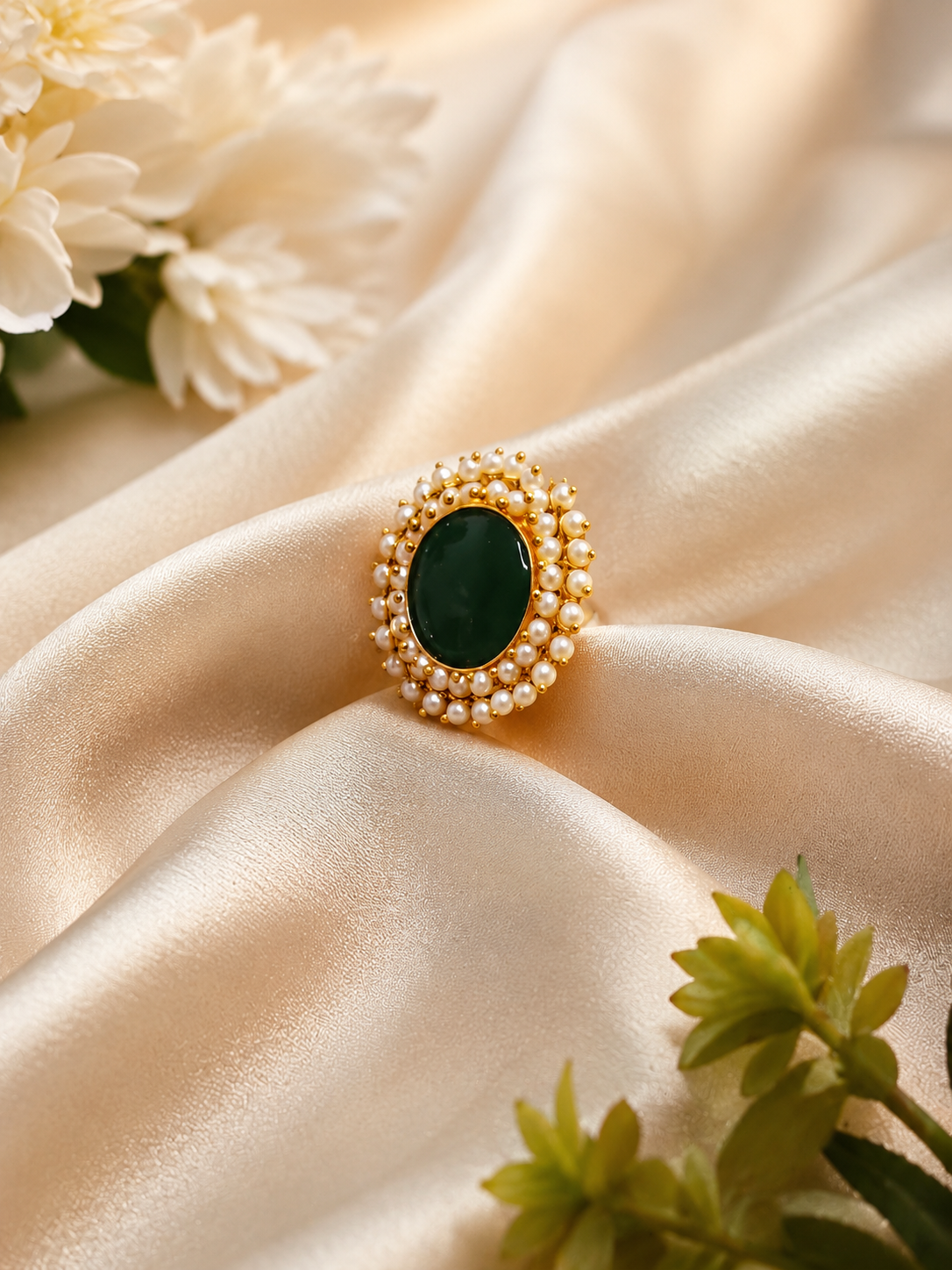 Gold-Plated Circular Stone Cocktail Ring with Pearl Border Accent.