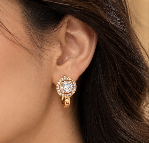 A pair of elegant round halo cubic zirconia huggie hoop earrings