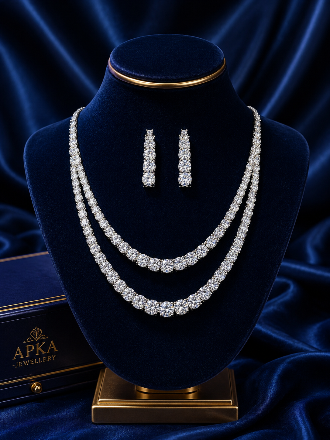 Double-Layer Silver-Plated American Diamond Big Solitaire Tennis Necklace Set