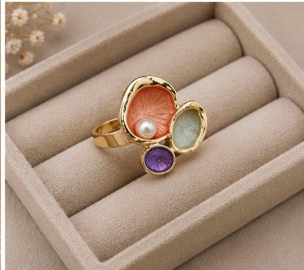 French-vintage style gold enamel lotus pad and pearl cocktail ring