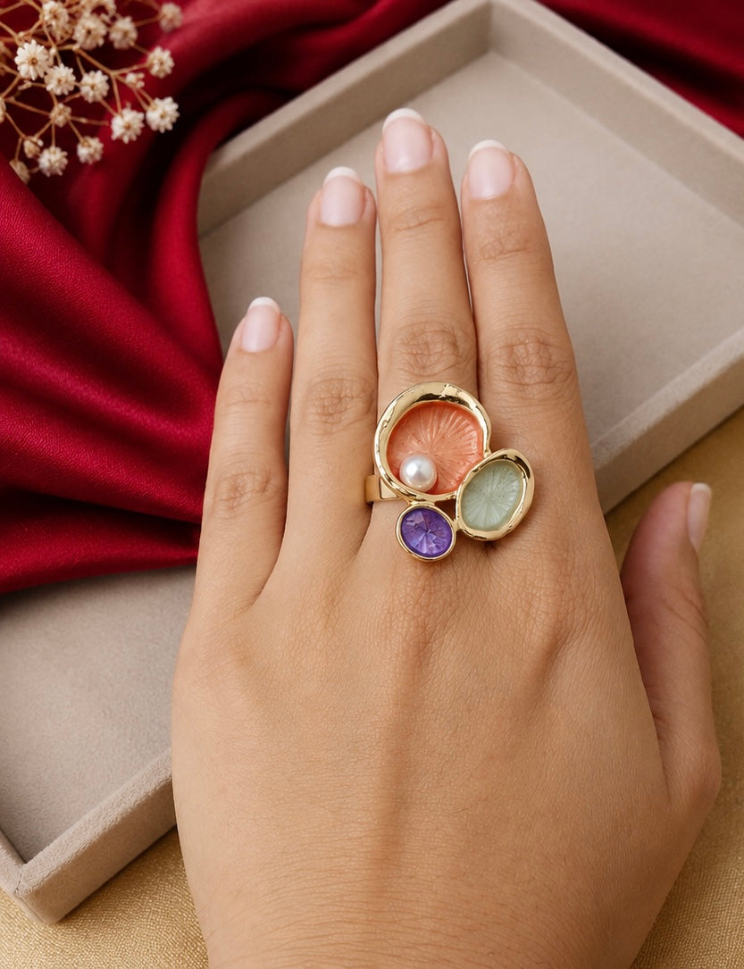 French-vintage style gold enamel lotus pad and pearl cocktail ring