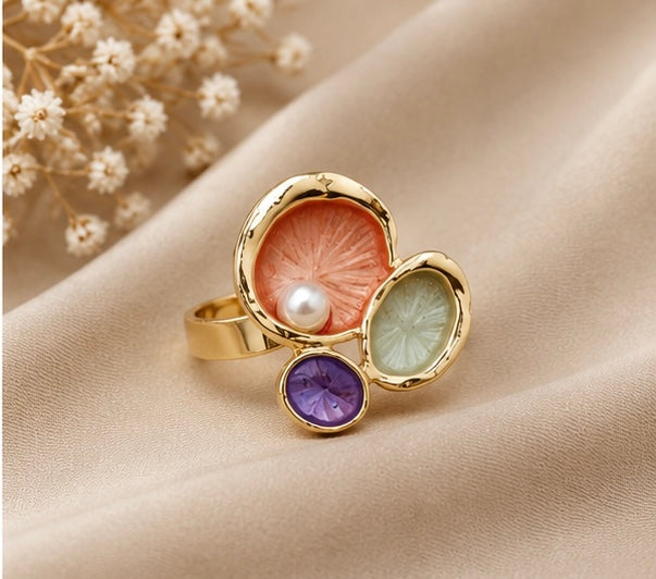 French-vintage style gold enamel lotus pad and pearl cocktail ring