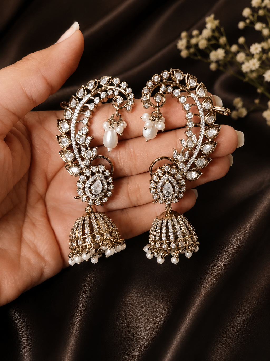 Rajwadi Antique Gold American Diamond Ear Cuff Jhumka