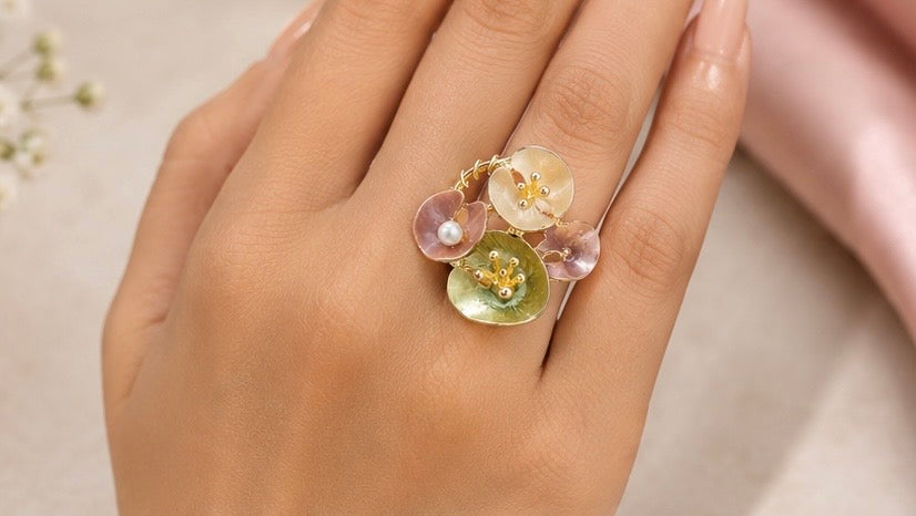 French-vintage style gold enamel wildflower cluster statement ring