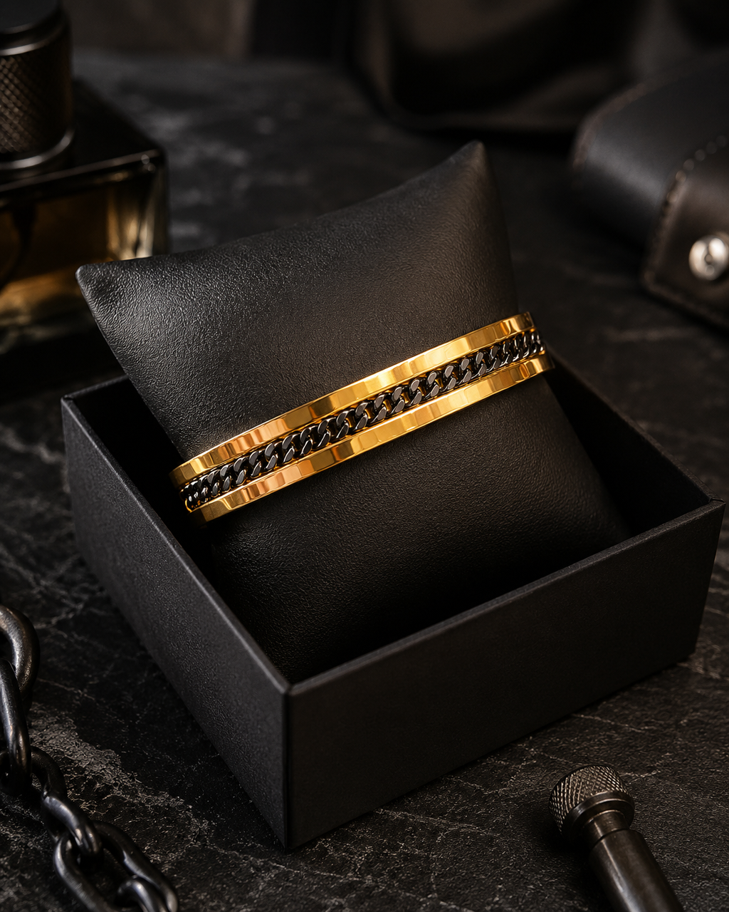 Industrial yellow gold and black curb chain men's bracelet