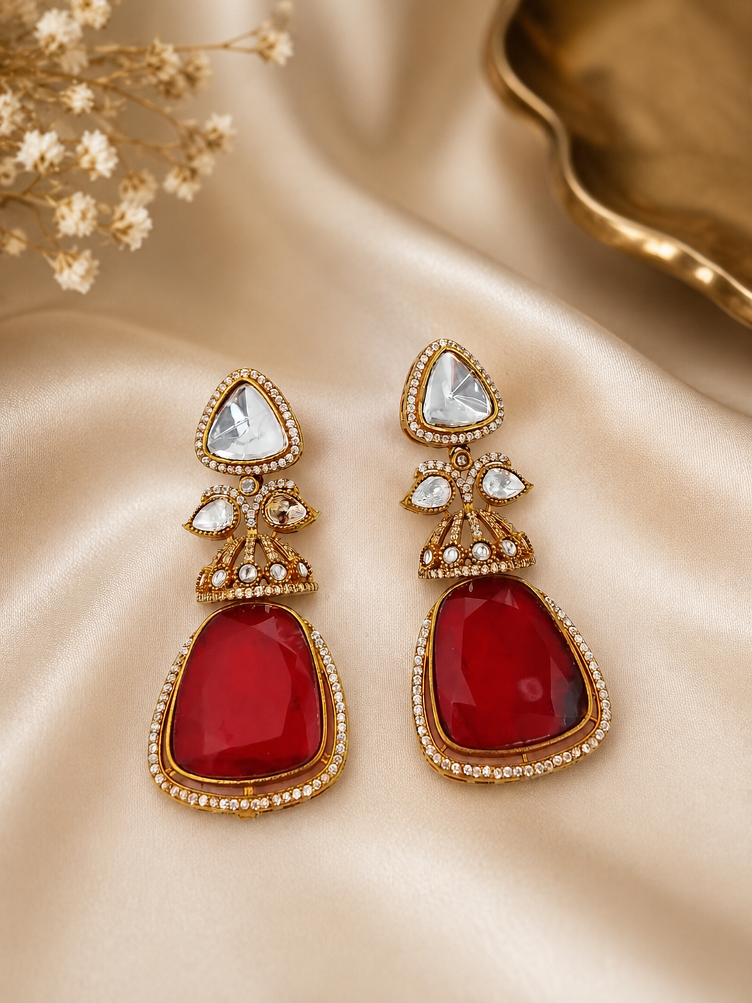 Traditional Gold-Plated Kundan and Ruby Drop Earrings