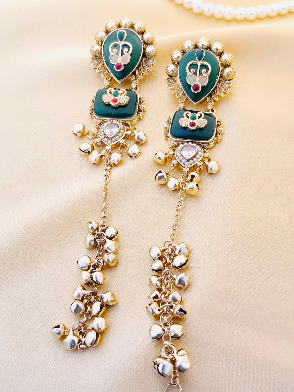Royal Green Kashmiri Meenakari long drop earrings