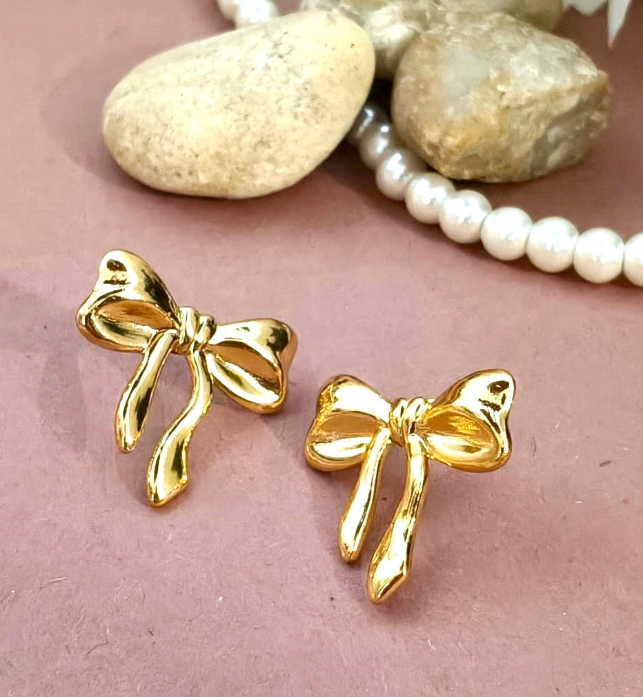 Golden Ribbon Bow Stud Earrings