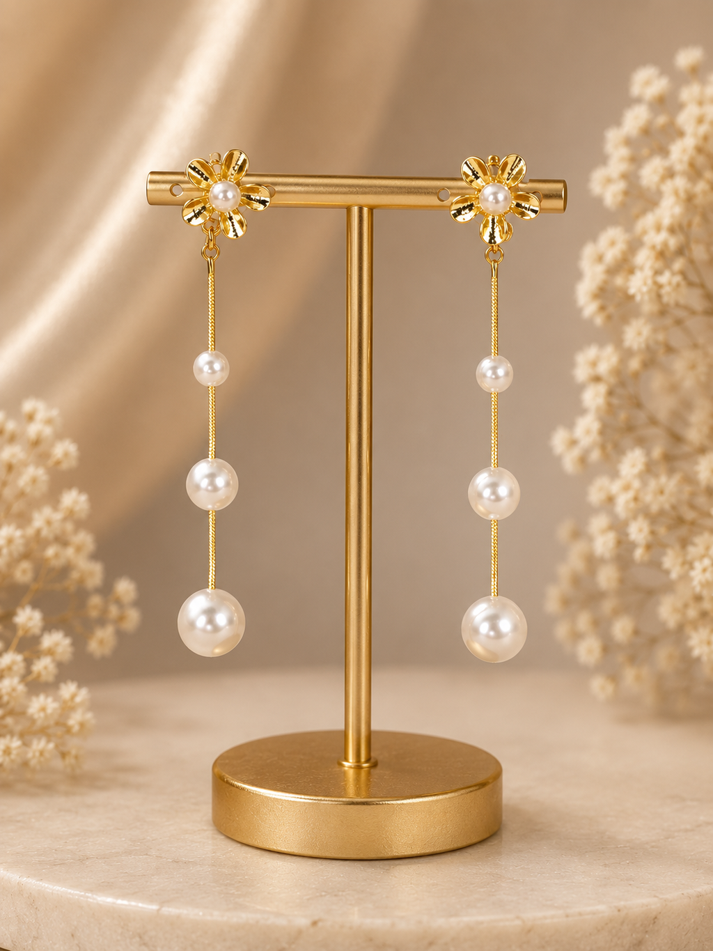 Floral Blossom Long Pearl Drop Earrings