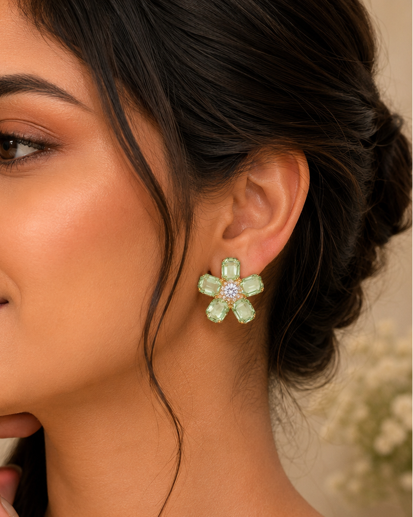 Mint green crystal flower stud earrings