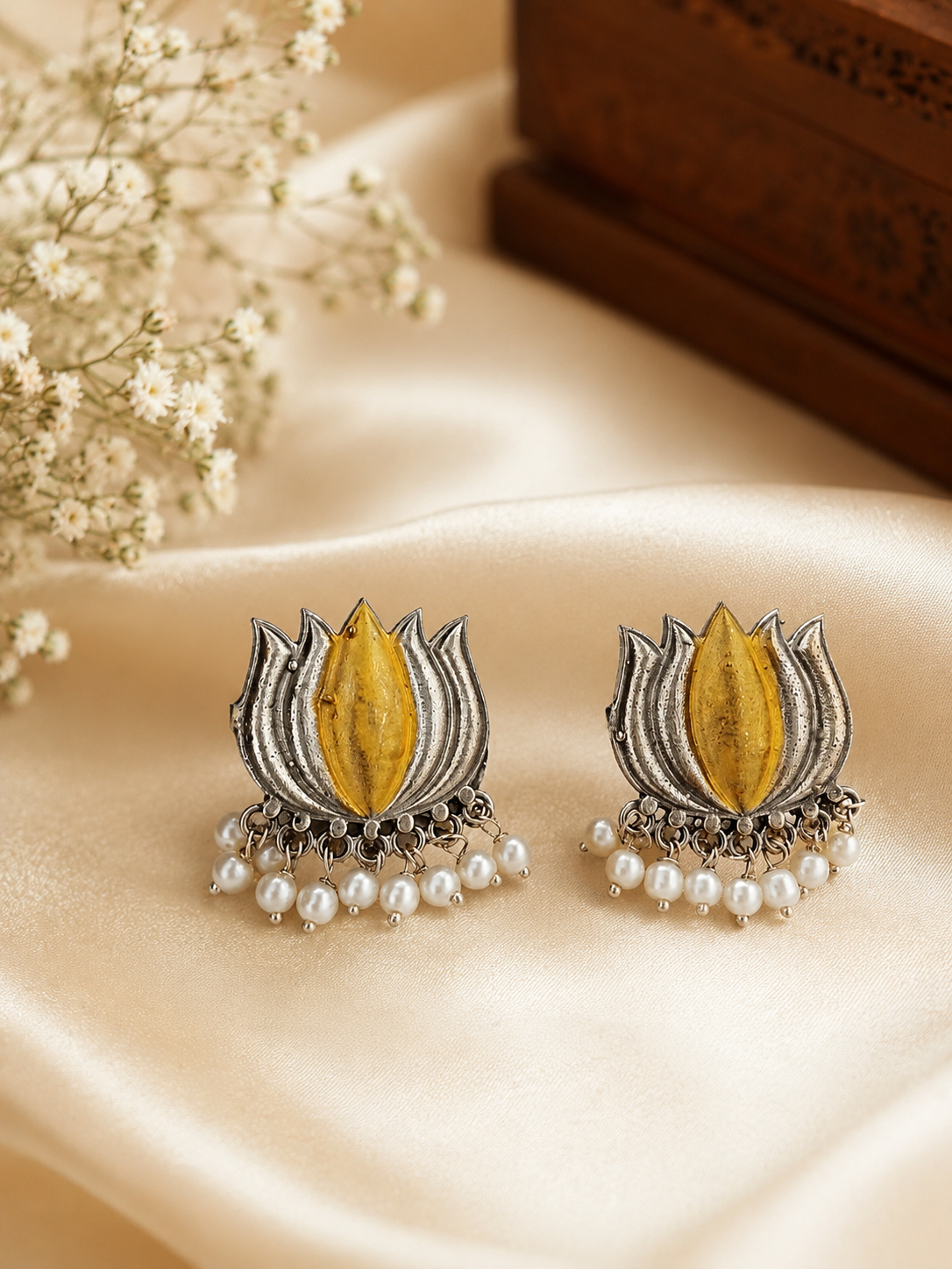 Dual-Tone Silver and Gold Lotus oxidised Stud Earring