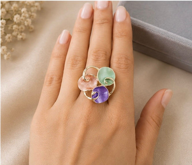 French-vintage style gold enamel swirling petal cluster cocktail ring