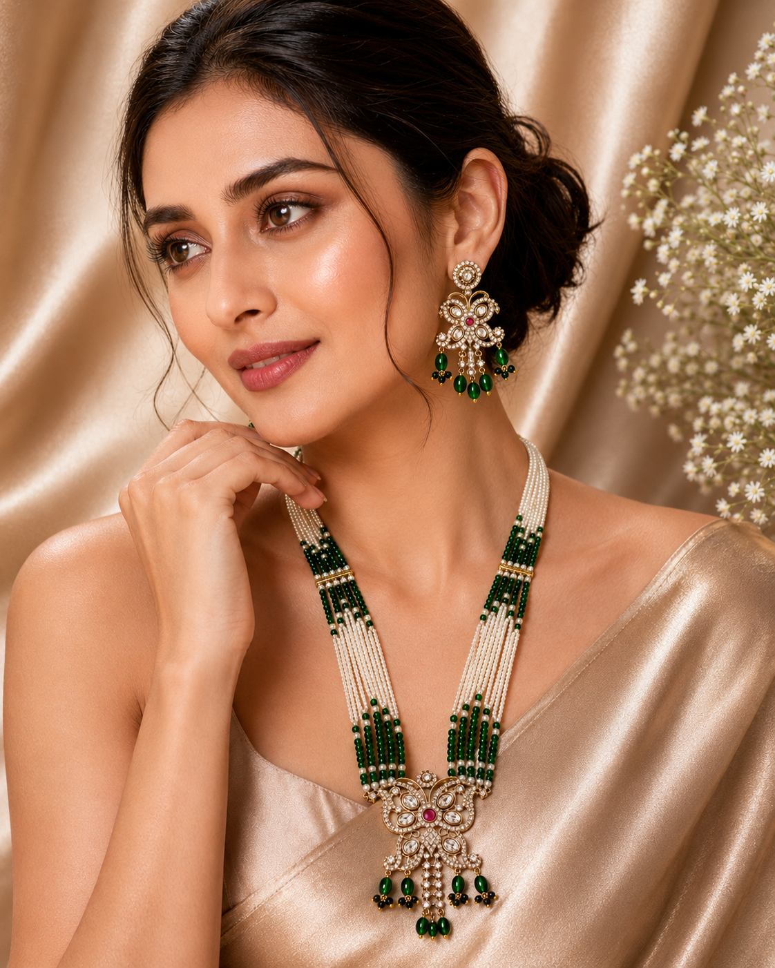 Gold-plated multi-strand pearl and kundan necklace set