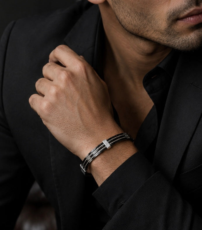 Multi-Strand Cable Wire Black & Silve Kada Men