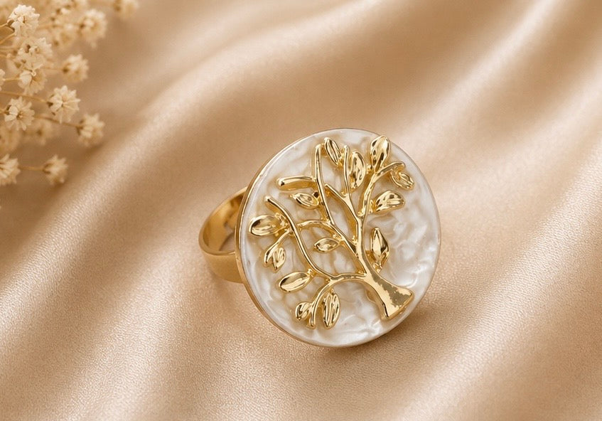French-vintage style gold tree of life pearl statement ring