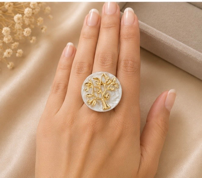 French-vintage style gold tree of life pearl statement ring