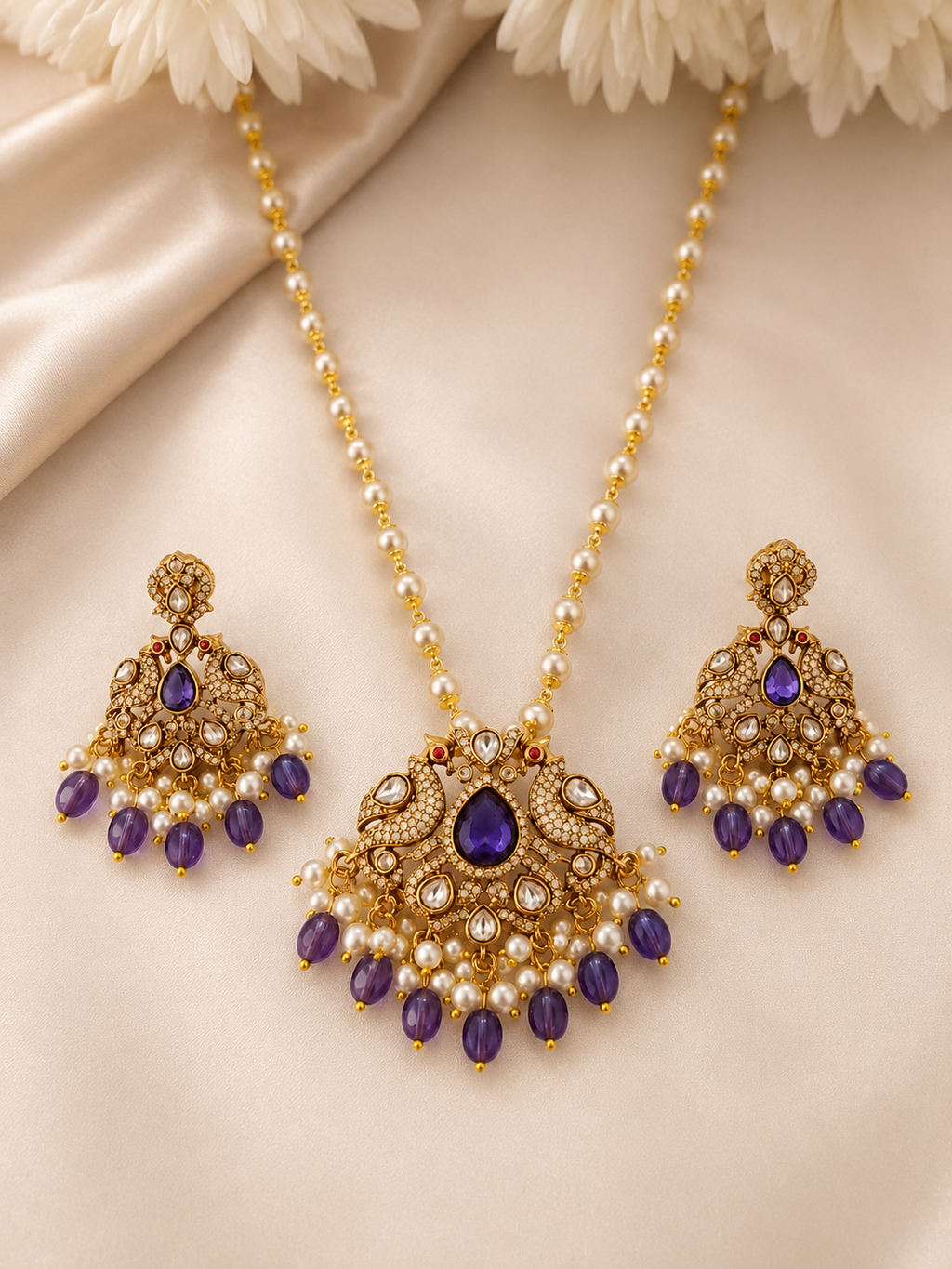 Antique Gold-Plated Kundan Pendant Set