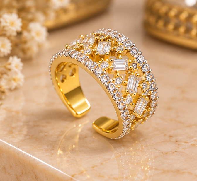 Wide lattice checkerboard statement ring